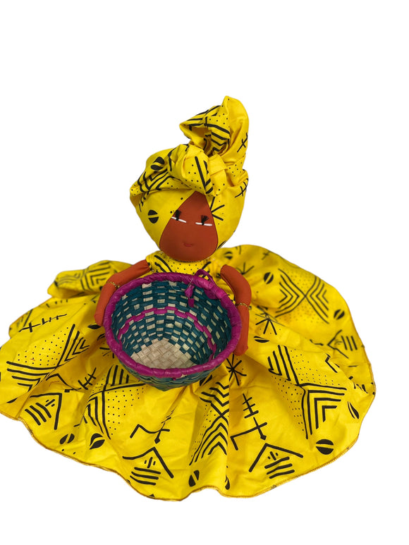 Afia Handmade Yellow African Candy Bowl Basket Doll