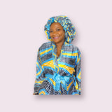 Cyan African Print Satin Robe and Hair Bonnet
