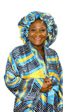 Cyan African Print Satin Robe and Hair Bonnet
