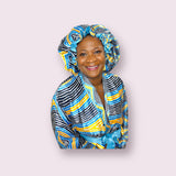 Cyan African Print Satin Robe and Hair Bonnet