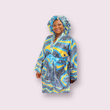 Cyan African Print Satin Robe and Hair Bonnet
