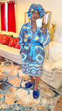 Cyan African Print Satin Robe and Hair Bonnet