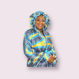 Cyan African Print Satin Robe and Hair Bonnet