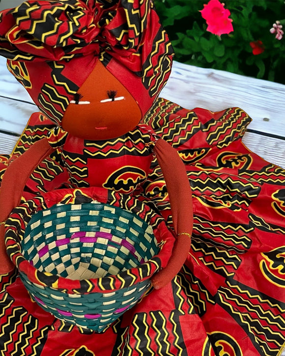 Afia Handmade Red Black African Gye Nyame Candy Bowl Basket Doll