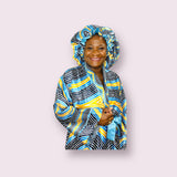 Cyan African Print Satin Robe and Hair Bonnet