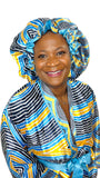 Cyan African Print Satin Robe and Hair Bonnet
