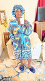 Cyan African Print Satin Robe and Hair Bonnet