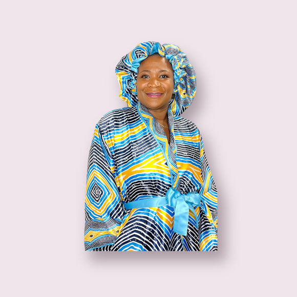 Cyan African Print Satin Robe and Hair Bonnet