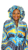 Cyan African Print Satin Robe and Hair Bonnet