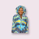 Cyan African Print Satin Robe and Hair Bonnet
