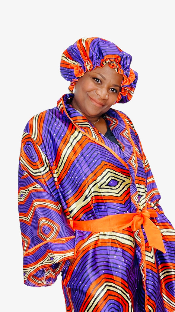 Ankara Satin Robe and Hair Bonnet Set