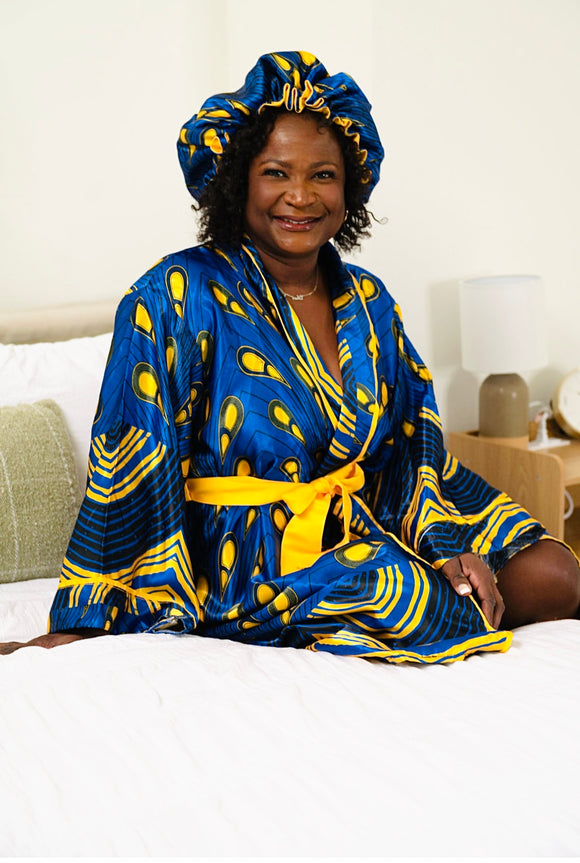 Ankara Floral Blue Satin Robe and Bonnet Set