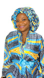 Cyan African Print Satin Robe and Hair Bonnet