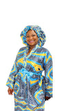 Cyan African Print Satin Robe and Hair Bonnet
