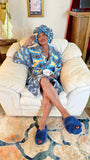 Cyan African Print Satin Robe and Hair Bonnet