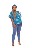 Tiwani Rolled sleeves African Print Casual Top with Matching Headband