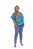Tiwani Rolled sleeves African Print Casual Top with Matching Headband