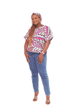 Tiwani Rolled sleeves African Print Casual Top with Matching Headband