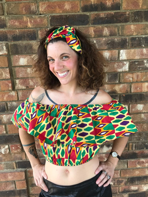 African Print Ruffle Crop Top & Headband