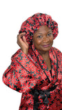 Red Ankara Satin Kimono Robe and Hair Bonnet
