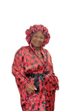 Red Ankara Satin Kimono Robe and Hair Bonnet