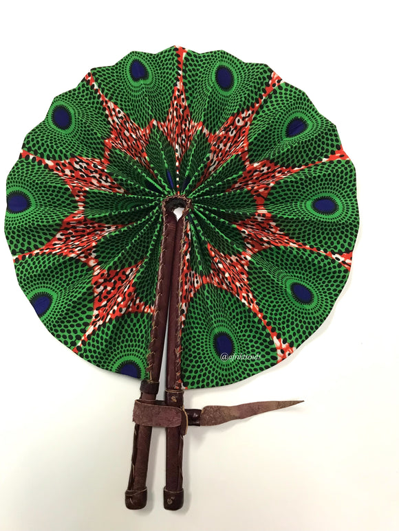 African Green Peacock Ankara Hand Fan