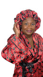 Red Ankara Satin Kimono Robe and Hair Bonnet