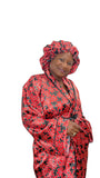 Red Ankara Satin Kimono Robe and Hair Bonnet