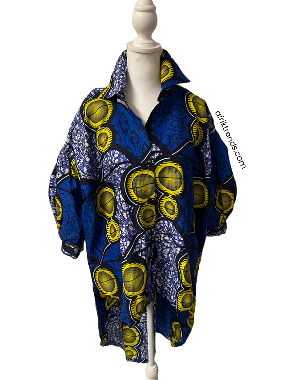 Blue Yellow Hi-Lo button-down African Print Blouse tunic